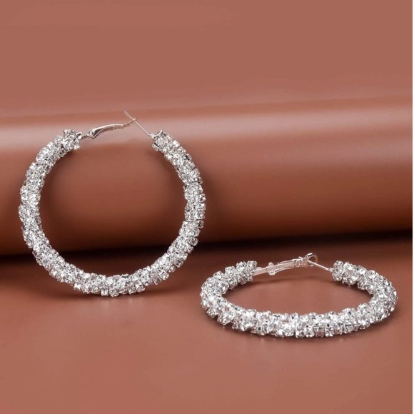 Rhinestone Decor Hoop Earrings Silver Jewelry New - Picture 1 of 2